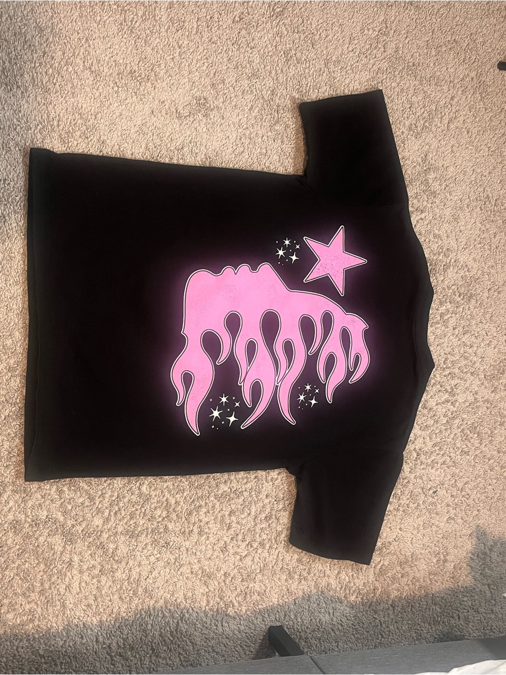 Black Graphic Tee with Pink Star & Flame Design